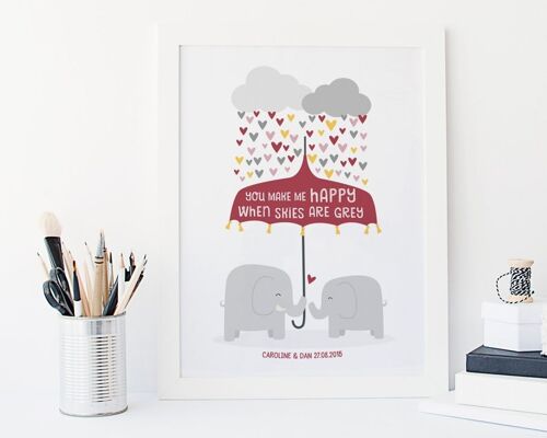 Elephant Love Print - 'You Make Me Happy' - personalized anniversary gift - couples gift - engagement gift - wedding gift for wife - uk - Mounted 30x40cm (£25.00)