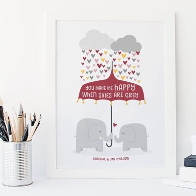 Elephant Love Print - 'You Make Me Happy' - cadeau d'anniversaire personnalisé - cadeau de couple - cadeau de fiançailles - cadeau de mariage pour femme - Royaume-Uni - Monté 30x40cm (£25.00)