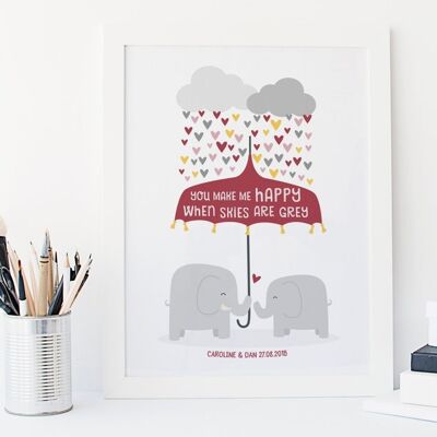 Elephant Love Print - 'You Make Me Happy' - cadeau d'anniversaire personnalisé - cadeau de couple - cadeau de fiançailles - cadeau de mariage pour femme - Royaume-Uni - Impression encadrée en chêne (60,00 £)