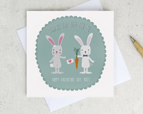 Rabbits Valentine Card - valentine card for boyfriend - personalised valentine card - bunnies - you're the bun for me