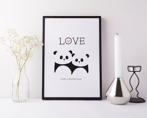 Panda Bear Love Print - Personalised print - anniversary gift - wedding print - valentines - pandas - black and white - uk - wink design - Unmounted A4 Print (£18.00) No - leave it blank