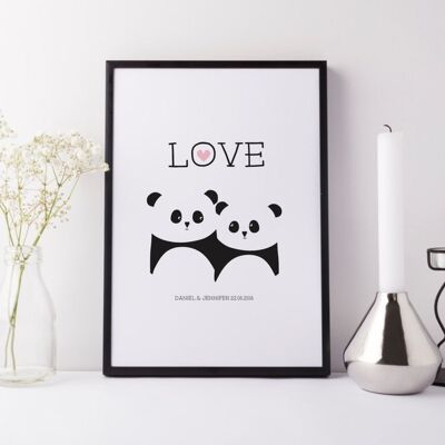 Panda Bear Love Print - Personalised print - anniversary gift - wedding print - valentines - pandas - black and white - uk - wink design - Unmounted A4 Print (£18.00) No - leave it blank