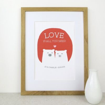 Cute Bear Love Print 'Love Is All You Need' - red - Personalised print - anniversary gift - wedding print - valentines - 7 colours - Unmounted A4 Print (£17.95) Gray