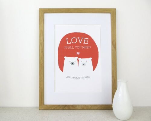 Cute Bear Love Print 'Love Is All You Need' - red - Personalised print - anniversary gift - wedding print - valentines - 7 colours - Unmounted A4 Print (£17.95) Red