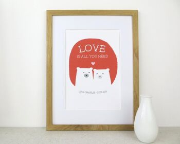 Cute Bear Love Print 'Love Is All You Need' - rouge - Impression personnalisée - cadeau d'anniversaire - impression de mariage - valentines - 7 couleurs - Impression montée (£24.95) Sunshine Yellow 1