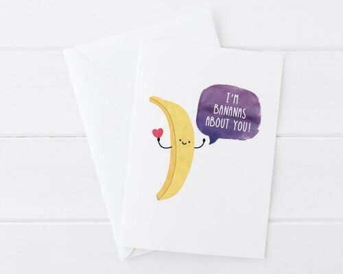 Funny Valentine / Anniversary / Love Card - I'm bananas about you - card for boyfriend - valentine card - card for girlfriend - wink design