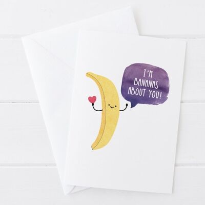 Funny Valentine / Anniversary / Love Card - I'm bananas about you - card for boyfriend - valentine card - card for girlfriend - wink design