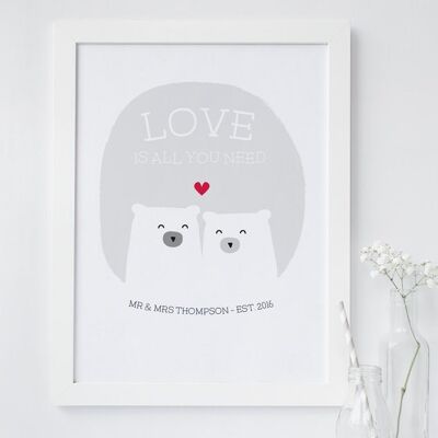 Cute Bear Love Print 'Love Is All You Need' - gris - gris - Impresión personalizada - regalo de aniversario - impresión de boda - San Valentín - 7 colores - Impresión A4 sin montar (£ 17,95) Gris