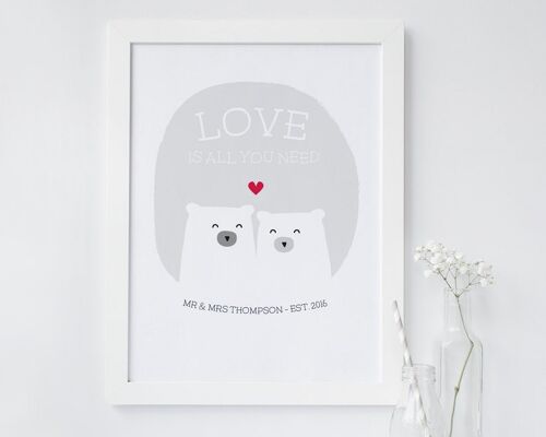 Cute Bear Love Print 'Love Is All You Need' - grey - gray - Personalised print - anniversary gift - wedding print - valentines - 7 colours - Unmounted A4 Print (£17.95) Pink