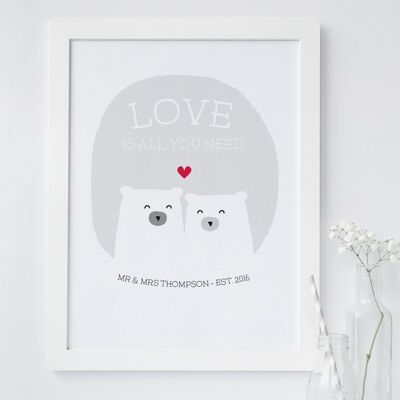 Cute Bear Love Print 'Love Is All You Need' - grey - gray - Personalised print - anniversary gift - wedding print - valentines - 7 colours - Unmounted A4 Print (£17.95) Dark Blue