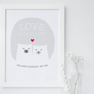 Cute Bear Love Print 'Love Is All You Need' - grey - gray - Personalised print - anniversary gift - wedding print - valentines - 7 colours - Unmounted A4 Print (£17.95) Dark Blue