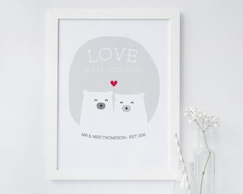 Cute Bear Love Print 'Love Is All You Need' - grey - gray - Personalised print - anniversary gift - wedding print - valentines - 7 colours - Mounted Print (£24.95) Gray