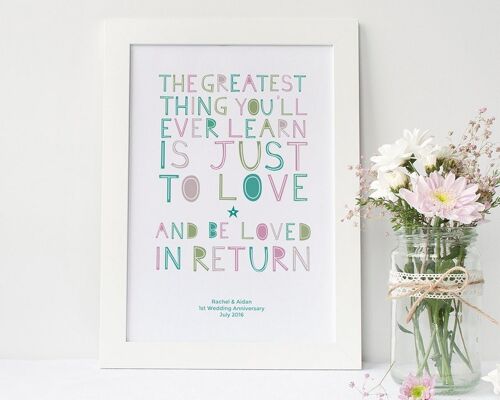 Anniversary Love Print 'To Love and Be Loved in Return' quote - wedding / couples gift - Unmounted A4 Print (£18.00) White