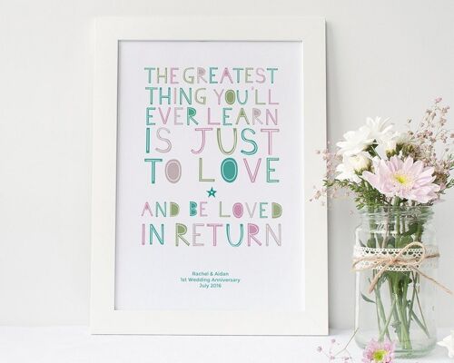Anniversary Love Print 'To Love and Be Loved in Return' quote - wedding / couples gift - Oak Framed Print (£60.00) Dusky Blue