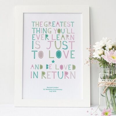 Anniversary Love Print 'To Love and Be Loved in Return' quote - wedding / couples gift - Oak Framed Print (£60.00) White