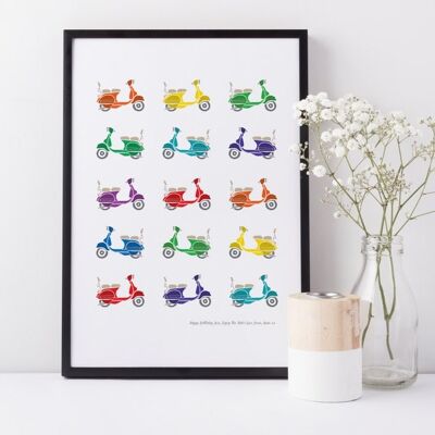 Retro Vespa Scooter Print - fathers day - father's day - personalized print - gift for dad - gift for brother - vespa - lambretta - mod - Unmounted A4 Print (£18.00)