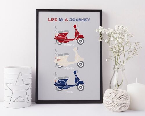 Retro Vespa Scooter Print 'Life is a journey, enjoy the ride' - personalized print - gift for dad - gift for brother - personalised scooter - Unmounted A4 Print (£18.00) Red White Blue