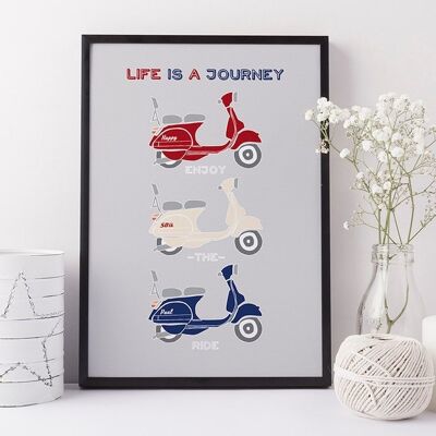 Retro Vespa Scooter Print 'La vie est un voyage, profitez de la balade' - impression personnalisée - cadeau pour papa - cadeau pour frère - scooter personnalisé - Impression A4 non montée (18,00 £) Rouge Blanc Bleu