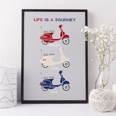 Retro Vespa Scooter Print 'La vida es un viaje, disfruta del viaje' - impresión personalizada - regalo para papá - regalo para hermano - scooter personalizado - Impresión A4 sin montar (£ 18.00) Azul Amarillo Verde