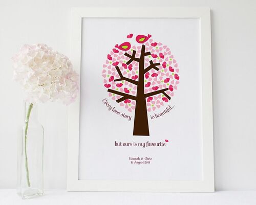 Love Story Anniversary or Wedding Print - valentine gift - pink - engagement gift - personalized wedding gift - anniversary gift - Mounted Print (£25.00)