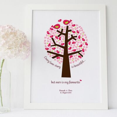 Love Story Anniversary or Wedding Print - valentine gift - pink - engagement gift - personalized wedding gift - anniversary gift - Oak Framed Print (£60.00)