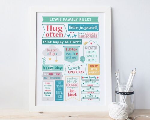 Family Rules Print - house rules print - family picture - kitchen print - household rules - family gift - housewarming gift - Unmounted A4 Print (£18.00)