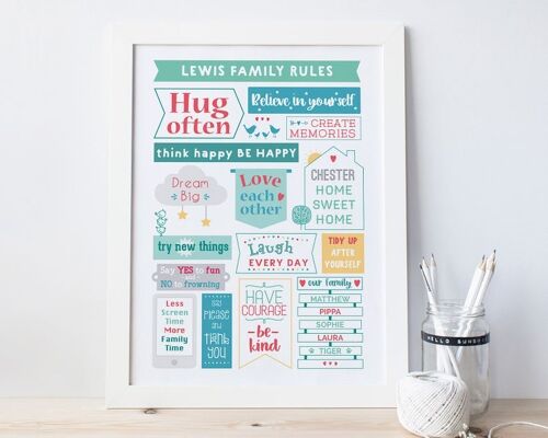 Family Rules Print - house rules print - family picture - kitchen print - household rules - family gift - housewarming gift - Oak frame + mount (£60.00)