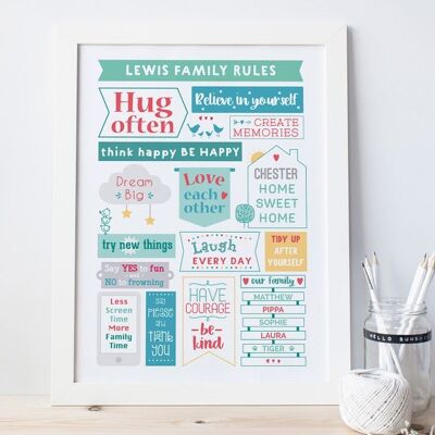 Family Rules Print - house rules print - family picture - kitchen print - household rules - family gift - housewarming gift - Oak frame + mount (£60.00)