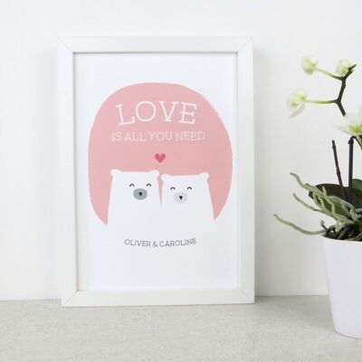 Cute Bear Love Print 'Love Is All You Need' - rose - rose - Impression personnalisée - cadeau d'anniversaire - impression de mariage - valentines - 7 couleurs - Impression A4 non montée (17,95 £) Gris