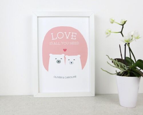 Cute Bear Love Print 'Love Is All You Need' - pink - rose - Personalised print - anniversary gift - wedding print - valentines - 7 colours - Unmounted A4 Print (£17.95) Pink