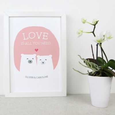 Cute Bear Love Print 'Love Is All You Need' - pink - rose - Personalised print - anniversary gift - wedding print - valentines - 7 colours - Mounted Print (£24.95) Gray