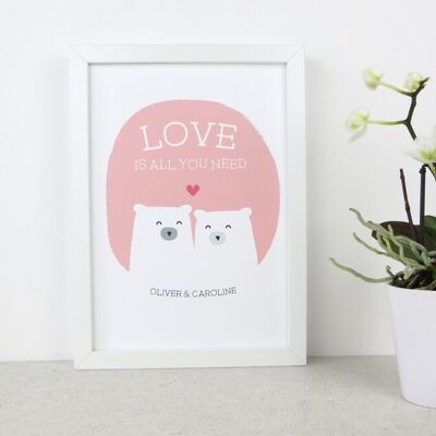 Cute Bear Love Print 'Love Is All You Need' - pink - rose - Personalised print - anniversary gift - wedding print - valentines - 7 colours - Mounted Print (£24.95) Pink