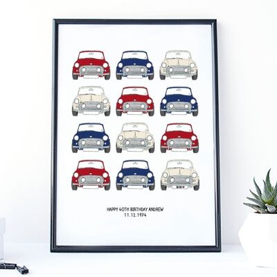 Impresión de coche Mini Cooper clásico - mini impresión - cartel de coche - impresión para hombres - regalo del día del padre - regalo de mini cooper - regalo para niños - regalo de coche - Impresión A4 sin montar (£ 18,00) Minis multicolores