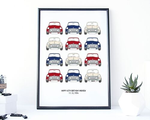 Classic Mini Cooper Car Print - mini print - car poster - print for men - fathers day gift - mini cooper gift - gift for boys - car gift - Unmounted A4 Print (£18.00) Red Cream & Blue