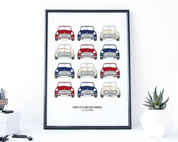 Impression de voiture Mini Cooper classique - mini impression - affiche de voiture - impression pour hommes - cadeau de fête des pères - cadeau mini cooper - cadeau pour garçons - cadeau de voiture - Impression A4 non montée (18,00 £) Rouge Crème & Bleu 1