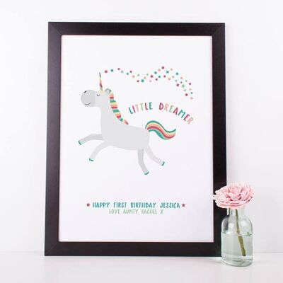 Unicorn Little Dreamer Print para niños - impresión personalizada - decoración de guardería - impresión de unicornio - arte de pared de guardería - nuevo regalo de bebé - niñas - Impresión A4 sin montar (£ 18.00)