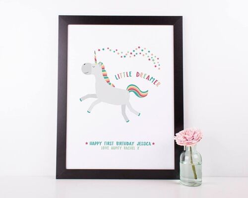 Unicorn Little Dreamer Print for children - personalised print - nursery decor - unicorn print - nursery wall art - new baby gift - girls - Mounted 30x40cm (£25.00)