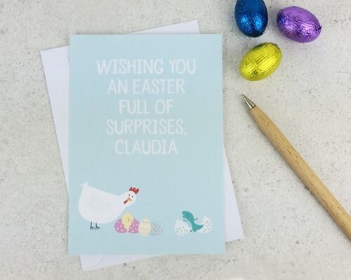 Easter Surprise Funny Easter Card - Personalised easter card - chicken card - dinosaur - easter card - funny chicken card - easter eggs