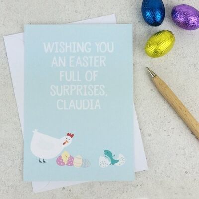 Easter Surprise Funny Easter Card - Tarjeta de Pascua personalizada - tarjeta de pollo - dinosaurio - tarjeta de Pascua - tarjeta de pollo divertida - huevos de Pascua