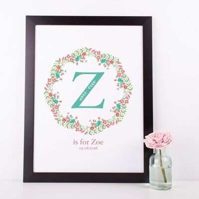 Floral Monogram Initial Nursery Print - Oak Frame + Mount (£60.00)