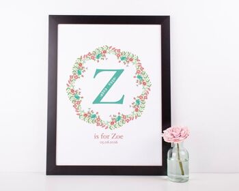 Monogramme floral Initial Nursery Print - Cadre noir + passe-partout (60,00 £) 1