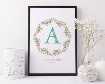 Monogramme floral Initial Nursery Print - Cadre noir + passe-partout (60,00 £) 3