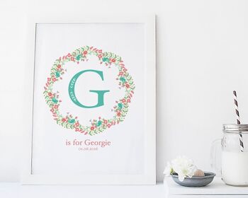 Monogramme floral Initial Nursery Print - Cadre noir + passe-partout (60,00 £) 4