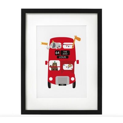 Red London Bus Zoo Animal Custom Personalized Print for Children or Babies – ein tolles Tauf-/Taufgeschenk oder Kinderzimmer-Wanddekoration – White Framed Print (£60.00)