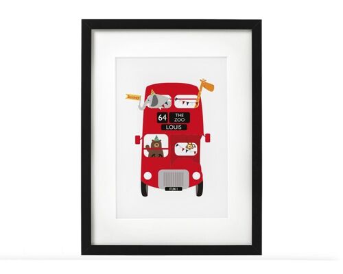 Red London Bus Zoo Animal Custom Personalised Print for Children or Babies - makes a great baptism / christening gift, or nursery wall decor - A3 Print Only (£25.00)