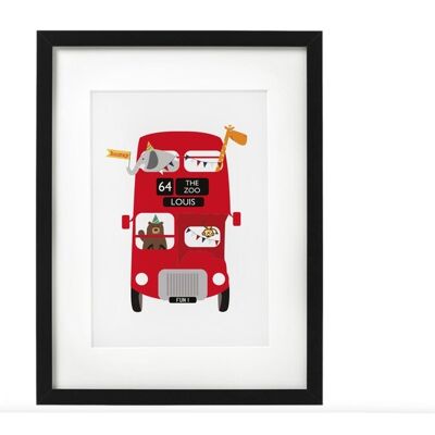 Red London Bus Zoo Animal Custom Personalised Print for Children or Babies - makes a great baptism / christening gift, or nursery wall decor - A3 Print Only (£25.00)