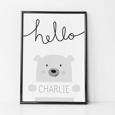 Hello Bear Nursery Print – personalisierter Kinderdruck – süßer Bärendruck – Baby-Mädchen-Geschenk – Baby-Jungen-Geschenk – Taufgeschenk – UK – Unmontierter A4-Druck (£18.00)