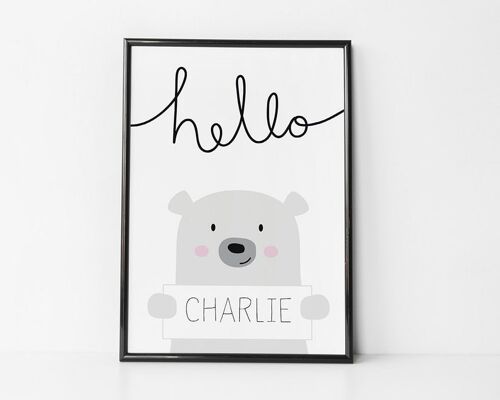 Hello Bear Nursery Print - personalised childrens print - cute bear print - baby girl gift - baby boy gift - christening gift - uk - Black Framed Print (£60.00)