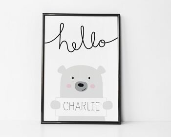Hello Bear Nursery Print - impression personnalisée pour enfants - impression d'ours mignon - cadeau bébé fille - cadeau bébé garçon - cadeau de baptême - Royaume-Uni - Impression encadrée noire (60,00 £) 1