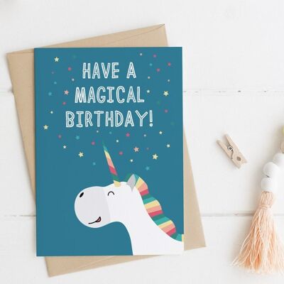 Carte d'anniversaire licorne arc-en-ciel « Have a Magical Birthday »